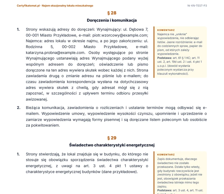 Paragrafy 28 do 30 umowy najmu okazjonalnego z komentarzem i podstawą prawną w ramce obok