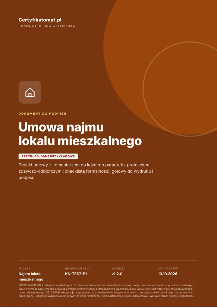 Okładka przykładowej umowy najmu lokalu mieszkalnego, z oznaczeniem Przykład, dane przykładowe