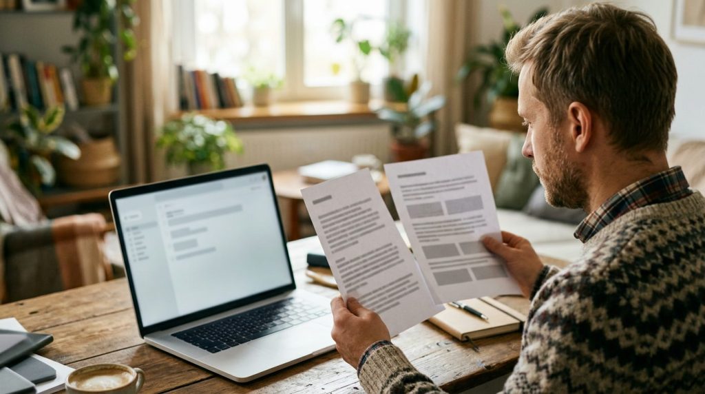 Mężczyzna przy laptopie porównuje dwa wydruki, sprawdzając świadectwo energetyczne w rejestrze