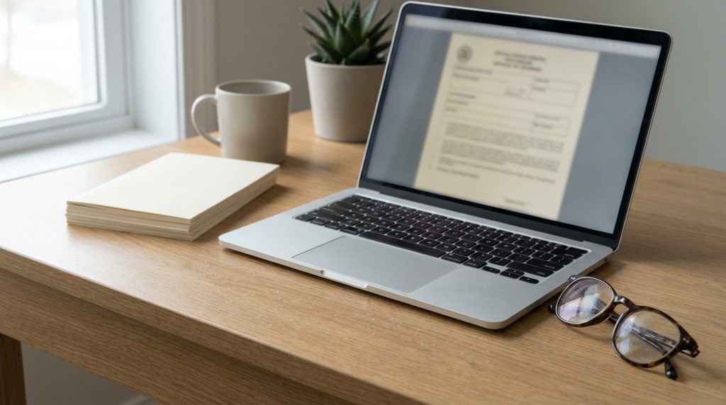 Laptop z dokumentem świadectwa energetycznego online na biurku
