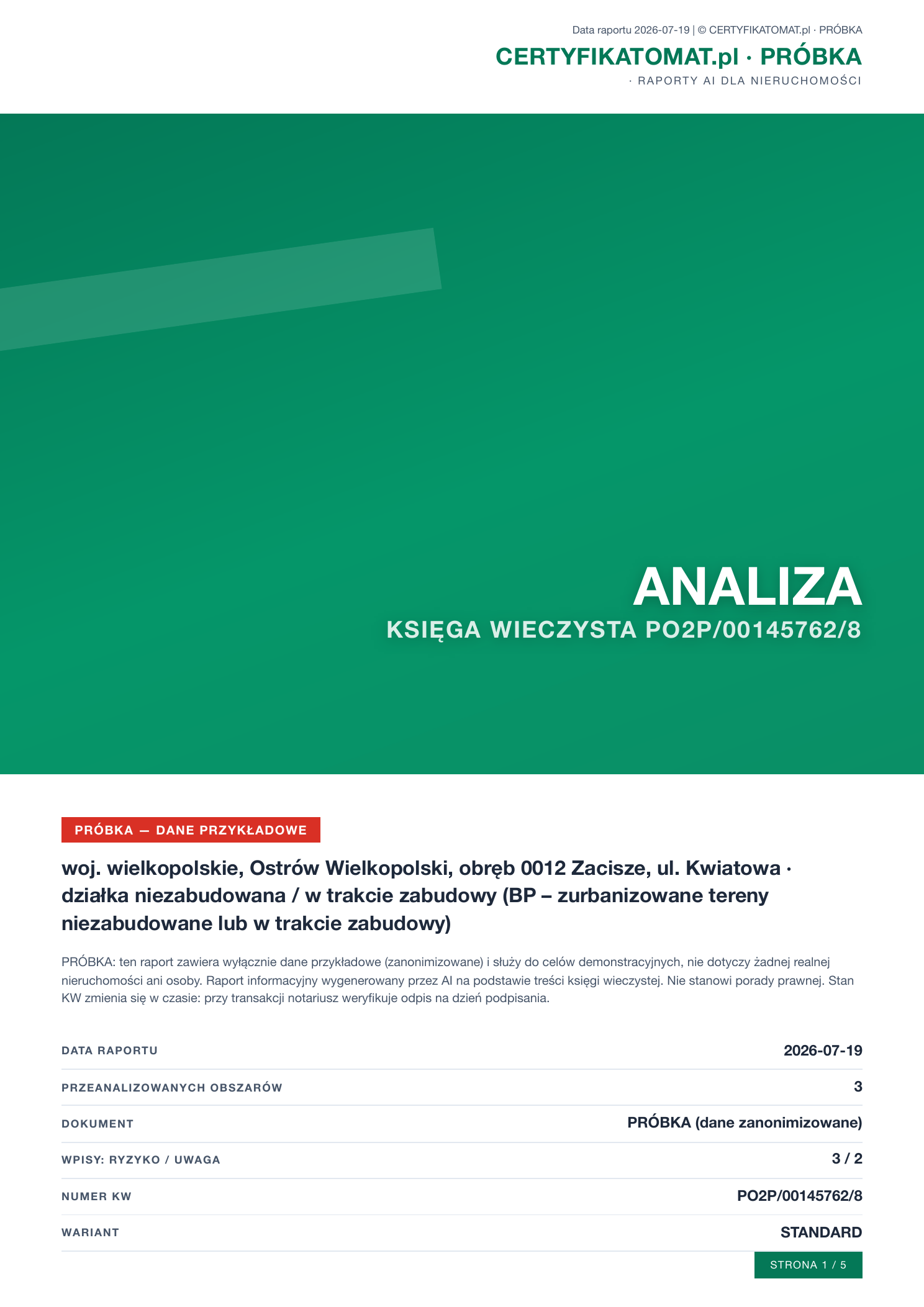 Okładka przykładowej analizy księgi wieczystej Certyfikatomat.pl