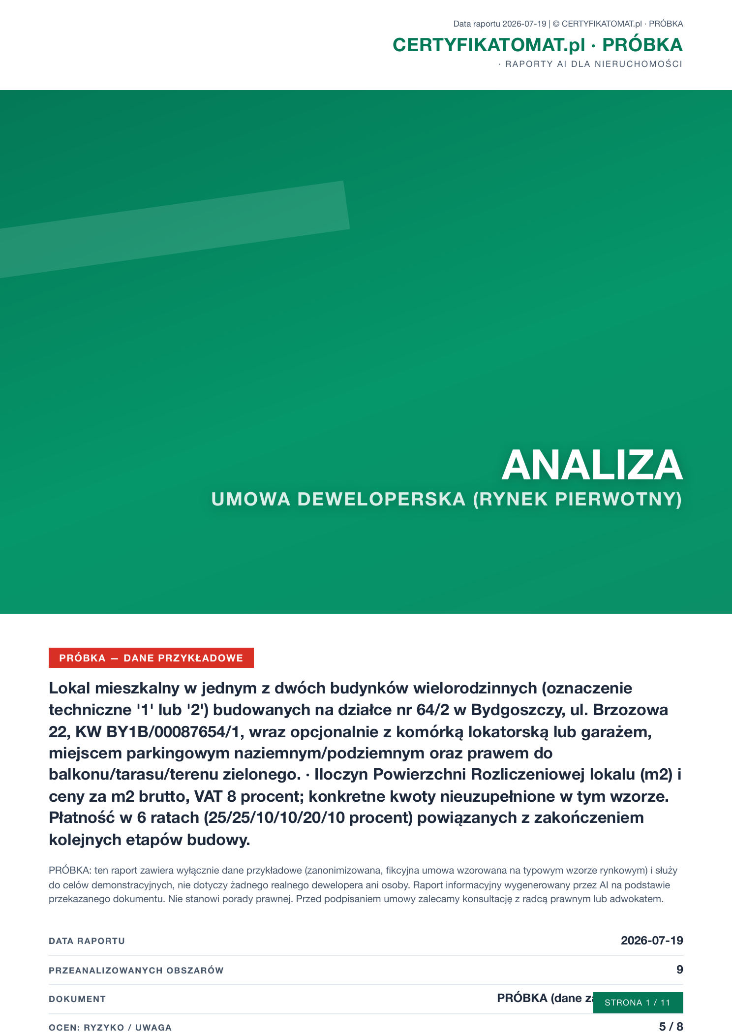 Okładka przykładowej analizy umowy deweloperskiej Certyfikatomat.pl