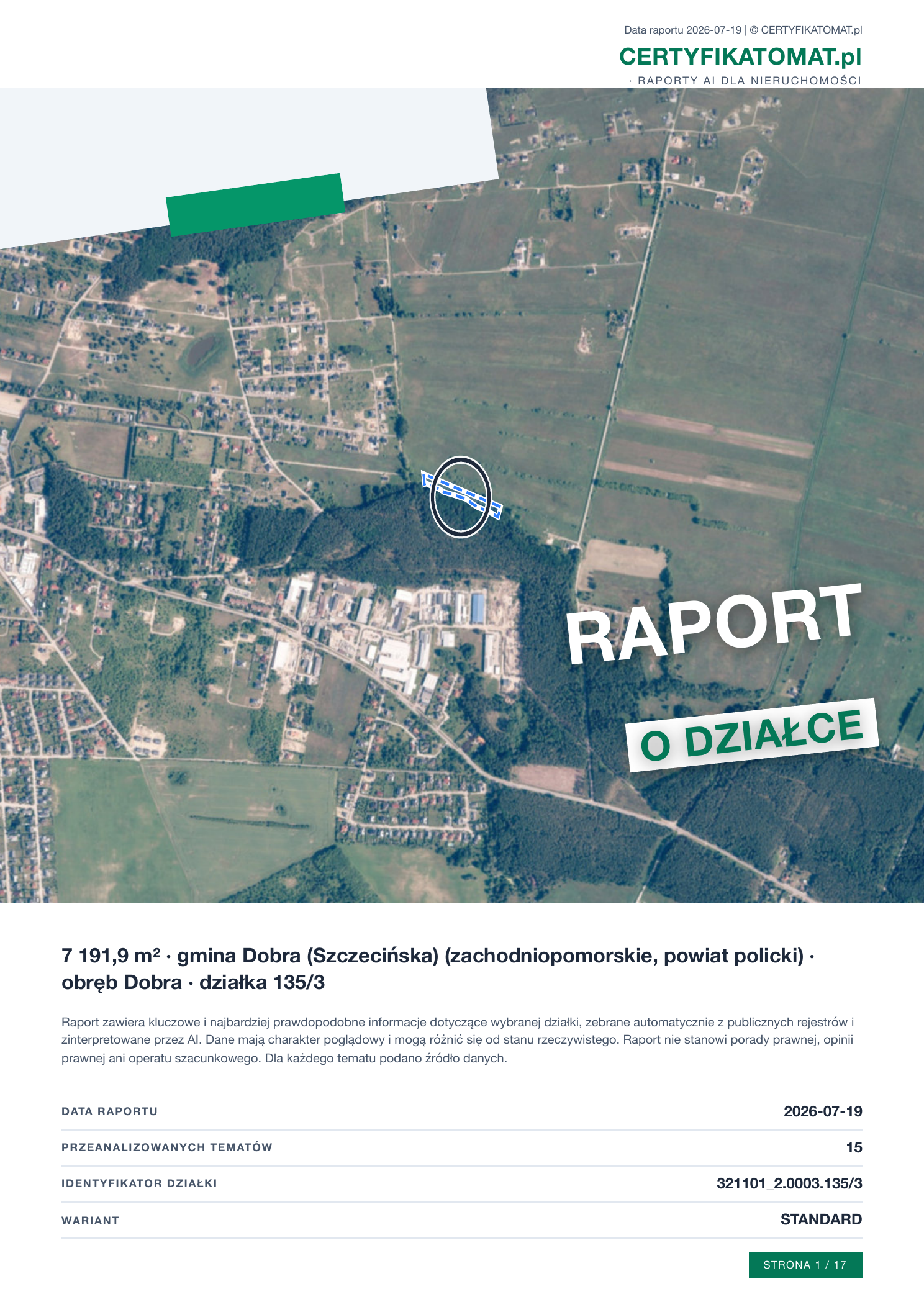 Okładka przykładowego raportu o działce Certyfikatomat.pl z ortofotomapą i podsumowaniem
