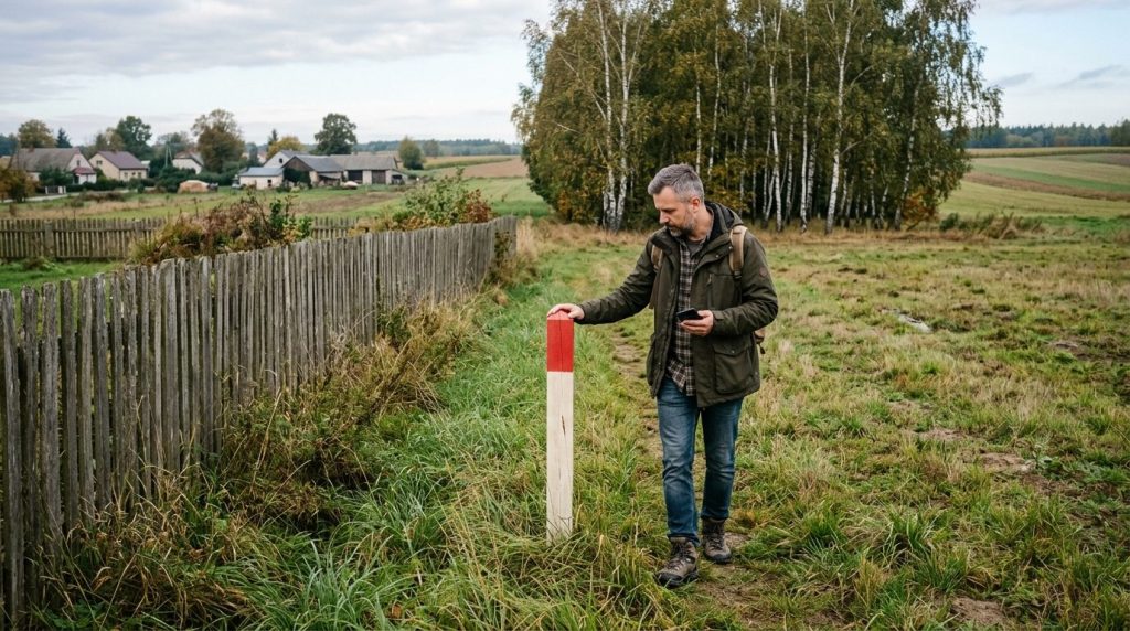 Kupujący sprawdza słupek graniczny na skraju działki przed zakupem