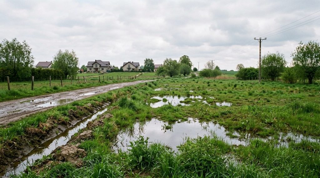 Podmokła działka budowlana z kałużami po deszczu i rowem melioracyjnym przy drodze