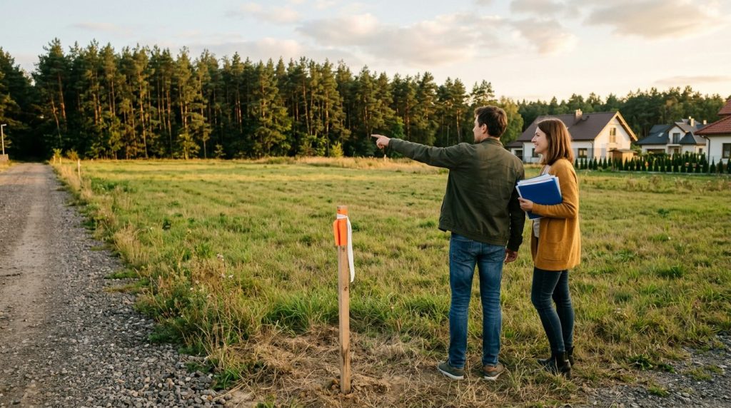 Para ogląda działkę budowlaną pod lasem na Mazowszu przed jej zakupem