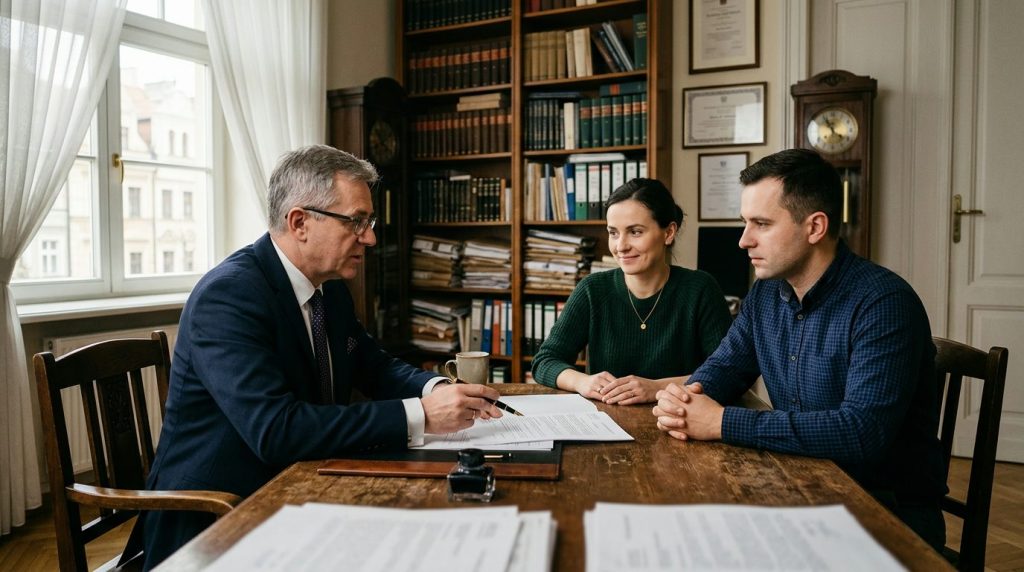 Notariusz omawia z parą kupujących warunki zakupu działki obciążonej hipoteką