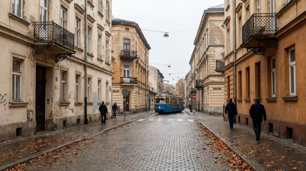 Najem okazjonalny w Krakowie: ulica z kamienicami i tramwajem na Podgórzu