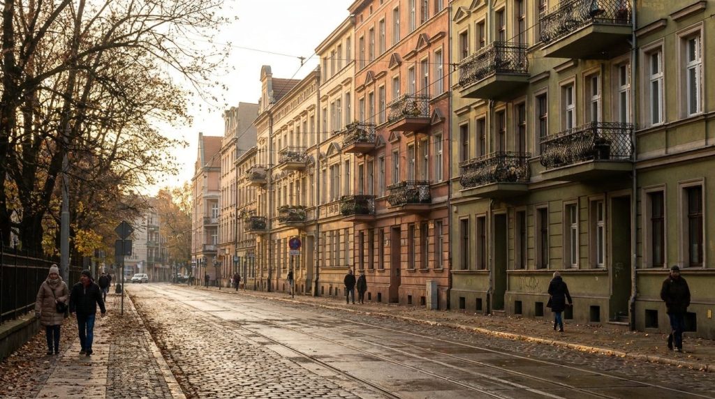 Najem okazjonalny Wrocław: brukowana ulica z odnowionymi kamienicami na Nadodrzu