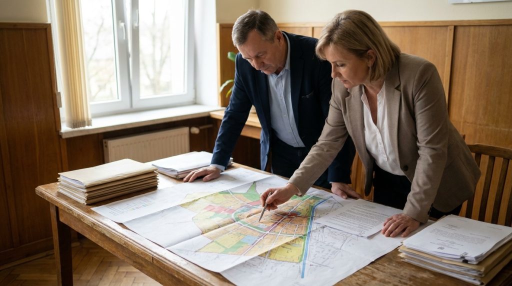 Dwoje urzędników nad mapą planistyczną gminy, sprawdzanie obszaru uzupełnienia zabudowy w planie ogólnym