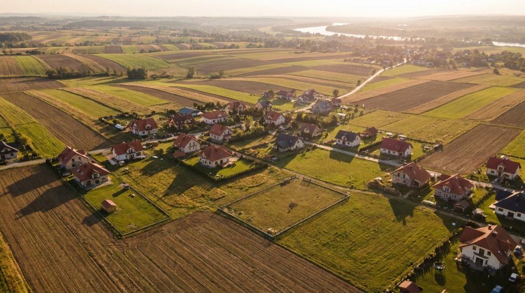 Plan ogólny a plan miejscowy: podkrakowska wieś z domami jednorodzinnymi i niezabudowanymi działkami widziana z lotu ptaka