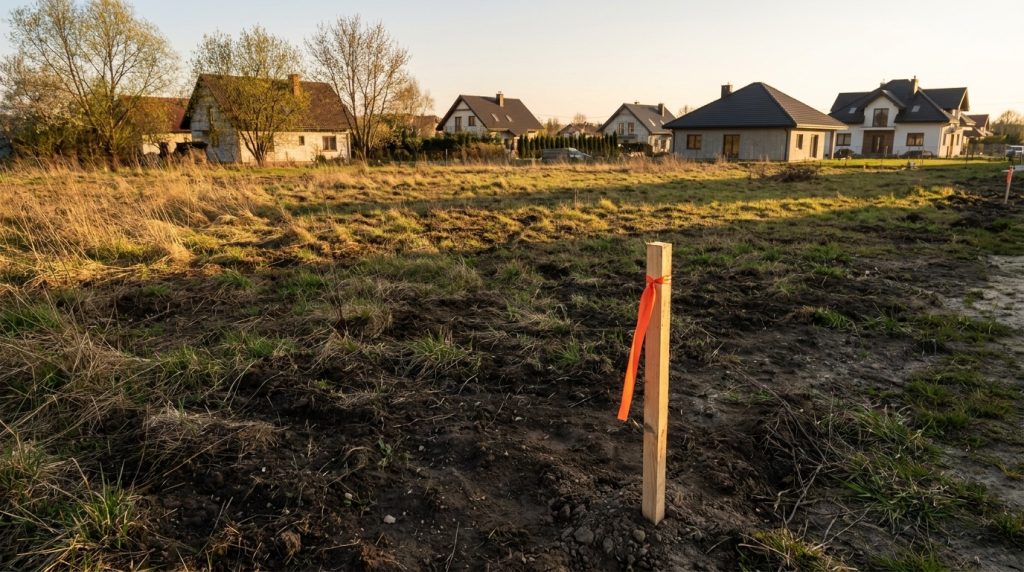 Niezabudowana działka z palikiem geodezyjnym na skraju wsi pod Krakowem, warunki zabudowy a plan ogólny