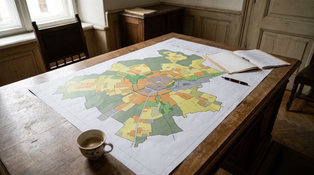 Mapa stref planistycznych gminy rozłożona na biurku w urzędzie, plan ogólny i strefa otwarta
