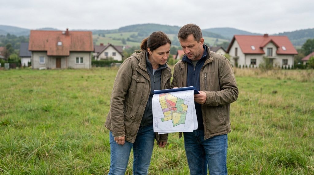 Para na niezabudowanej działce sprawdza mapę planistyczną, żeby ustalić, czy działka leży w strefie zieleni i rekreacji
