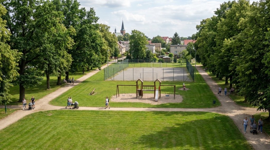Park miejski z placem zabaw i boiskiem, typowy teren strefy zieleni i rekreacji w planie ogólnym gminy