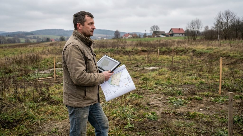 Właściciel działki z mapą sprawdza, w jakiej strefie planistycznej planu ogólnego leży jego grunt