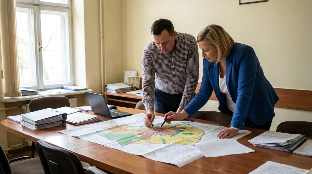 Mapa stref planistycznych planu ogólnego rozłożona na stole w urzędzie gminy