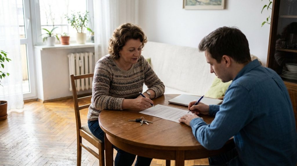 Właścicielka i najemca podpisują umowę najmu mieszkania przy stole, obok leżą klucze