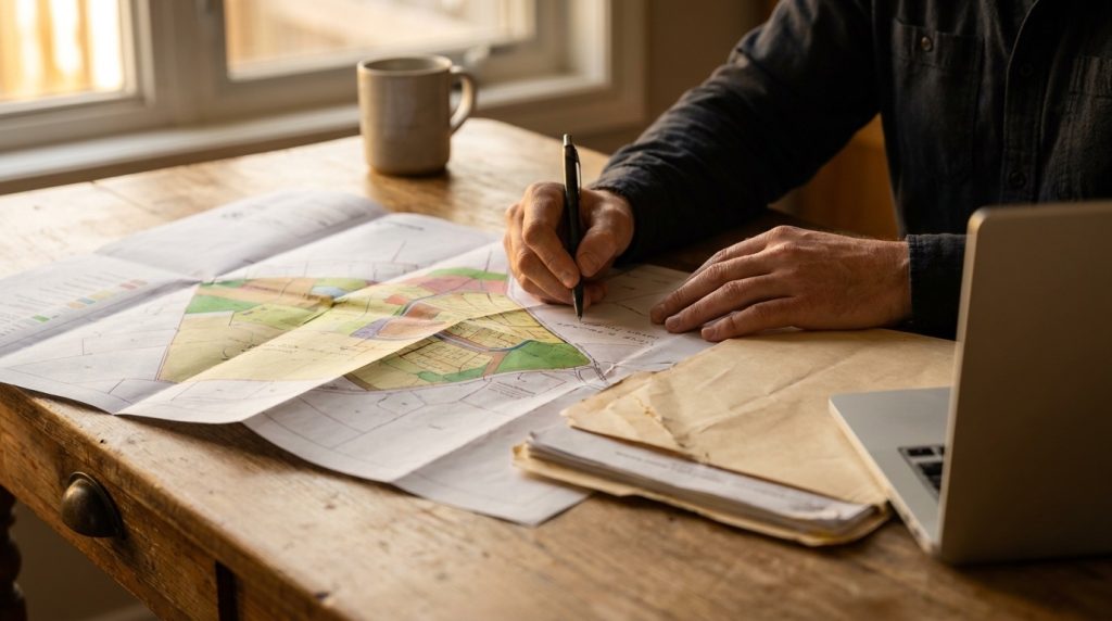 Pisanie uwag do planu ogólnego: mapa planistyczna, wypis z ewidencji i dokumenty działki na stole