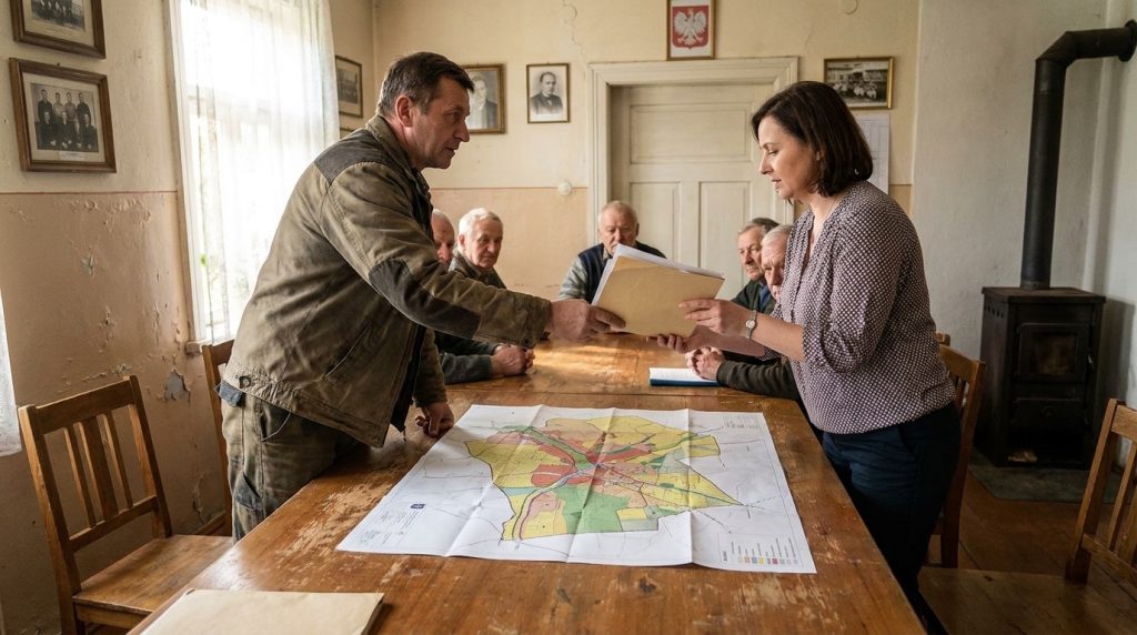 Mieszkaniec składa dokumenty z uwagami do planu ogólnego w urzędzie gminy, na stole mapa stref planistycznych