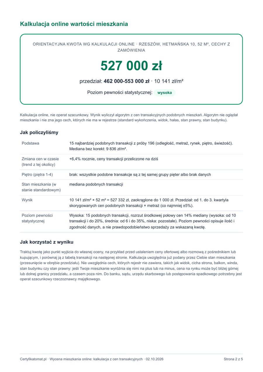 Strona 2 przykładowego PDF: kalkulacja online i tabela Jak policzyliśmy