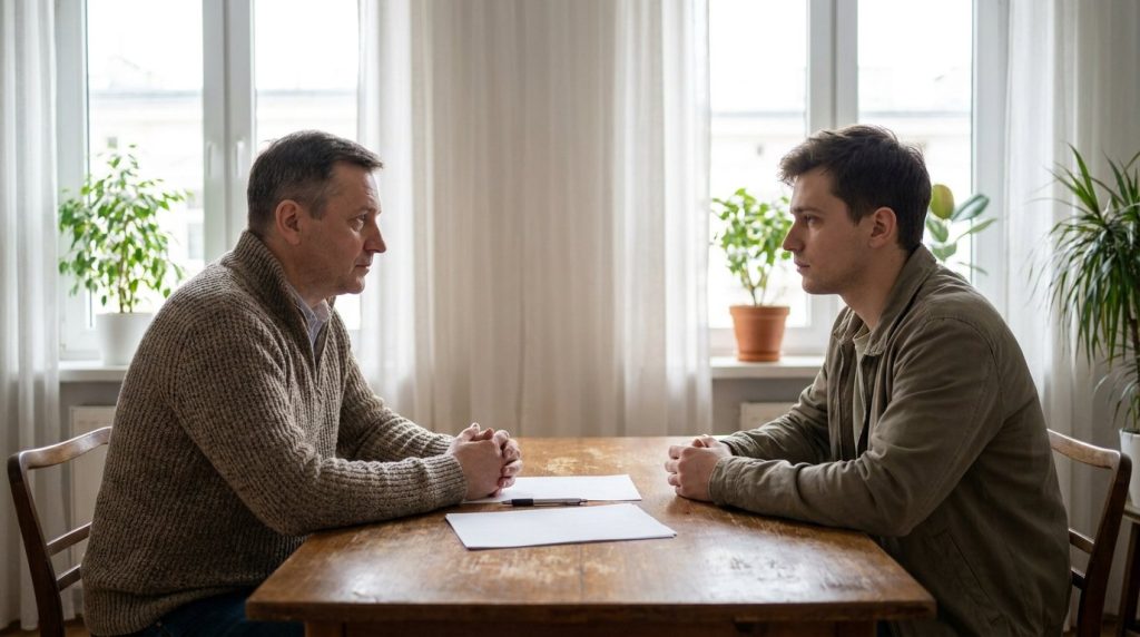Wynajmujący i najemca przy stole rozmawiają o zakończeniu umowy najmu