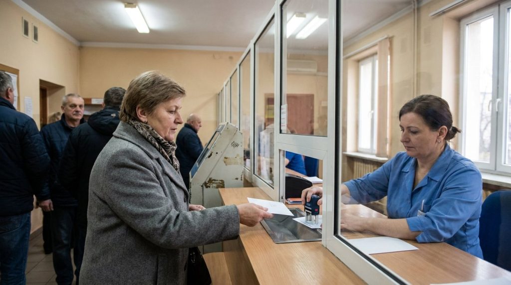 Wynajmująca nadaje w okienku pocztowym zgłoszenie najmu okazjonalnego do urzędu skarbowego